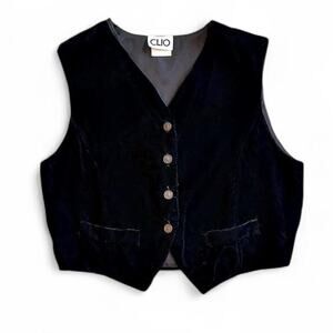 90s Vintage Black Velvet Vest – Grunge Button Up S